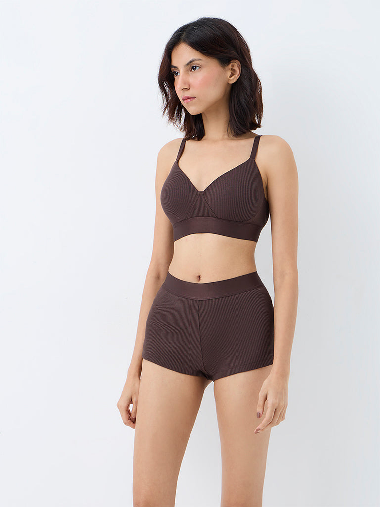 Superstar Dark Brown Ribbed-Textured High-Rise Shorts Briefs