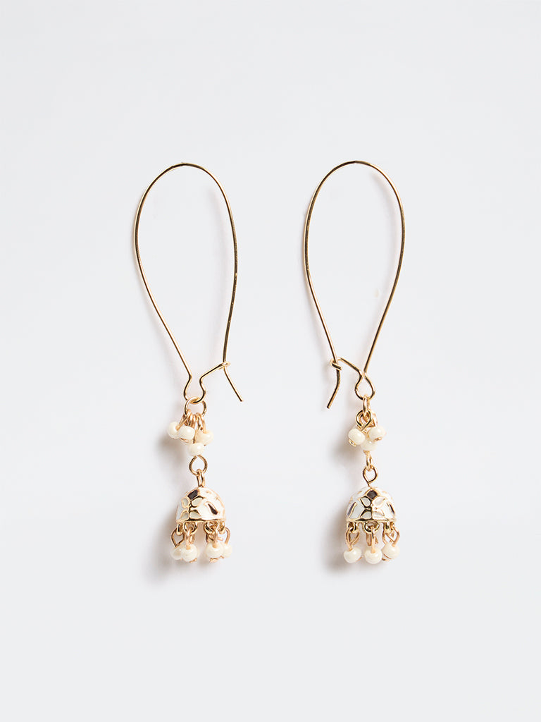 Westside Accessories Gold and White Fish Hook Jhumki Earrings