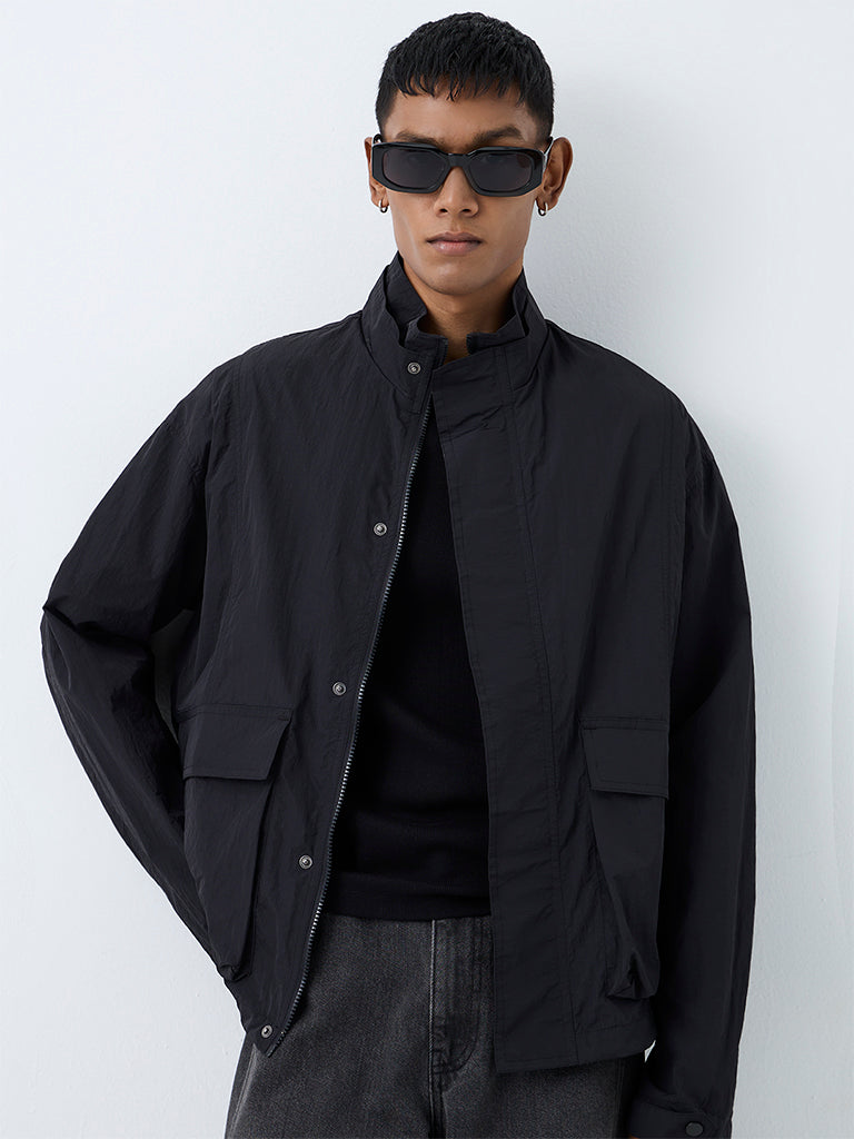 Nuon Black Crinkle-Textured Oversized Jacket