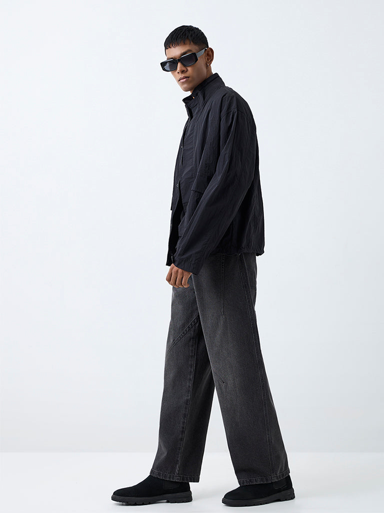Nuon Black Crinkle-Textured Oversized Jacket