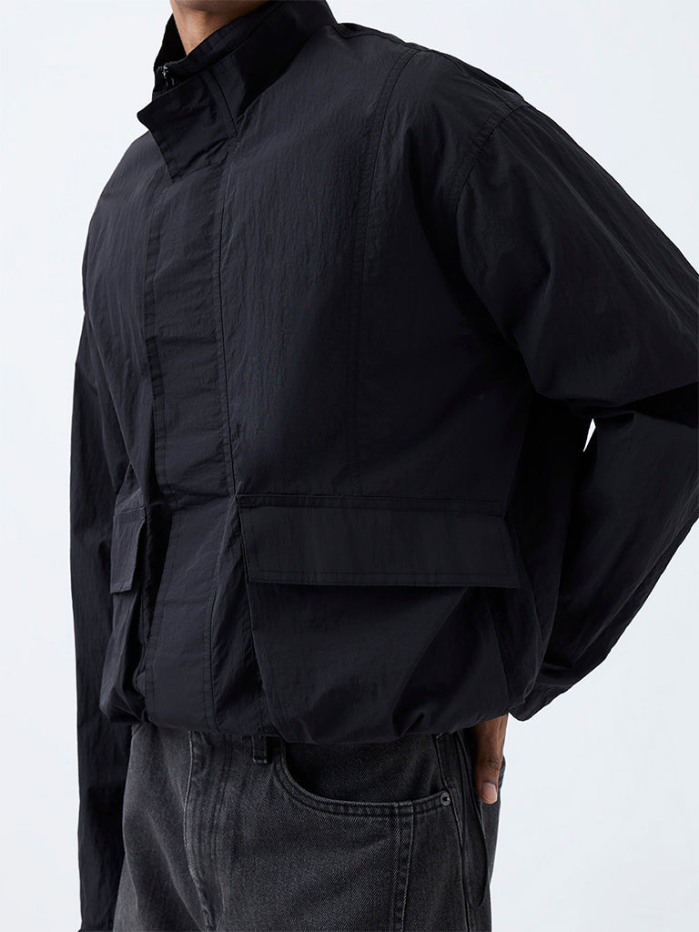 Nuon Black Crinkle-Textured Oversized Jacket