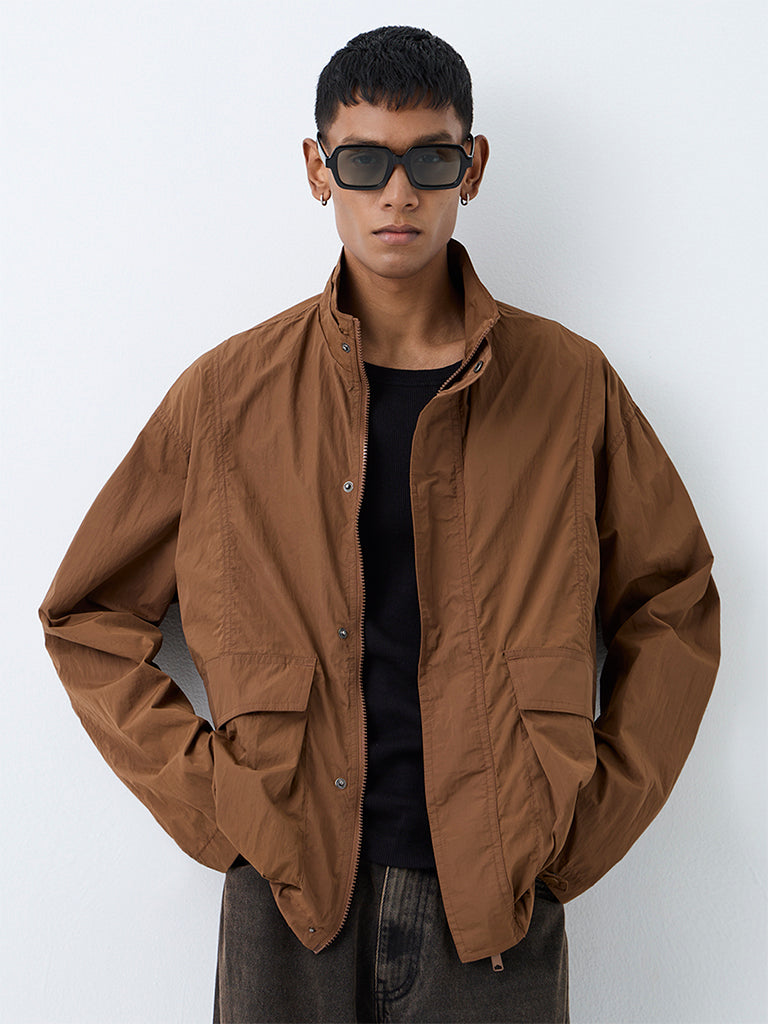 Nuon Brown Crinkle-Textured Oversized-Fit Jacket