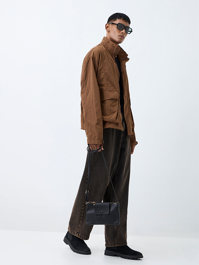 Nuon Brown Crinkle-Textured Oversized-Fit Jacket