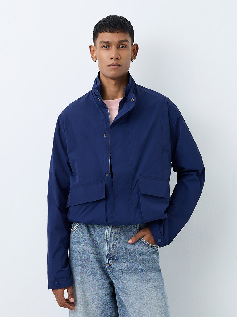 Nuon Dark Blue Crinkle-Textured Oversized Jacket