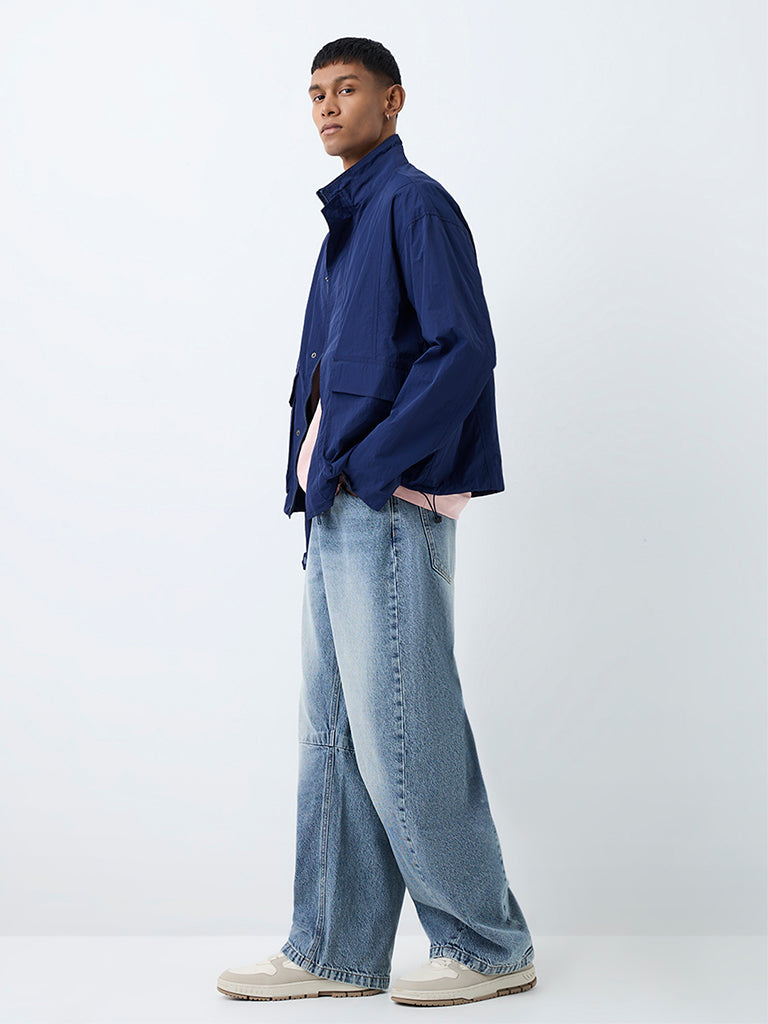 Nuon Dark Blue Crinkle-Textured Oversized Jacket