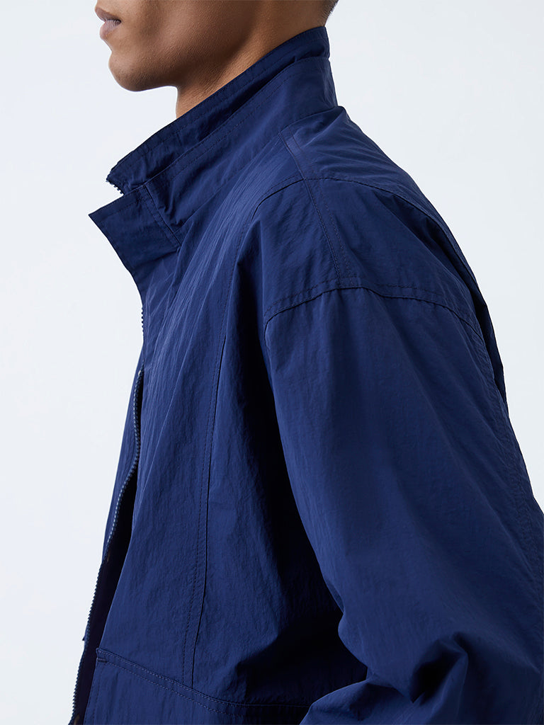 Nuon Dark Blue Crinkle-Textured Oversized Jacket