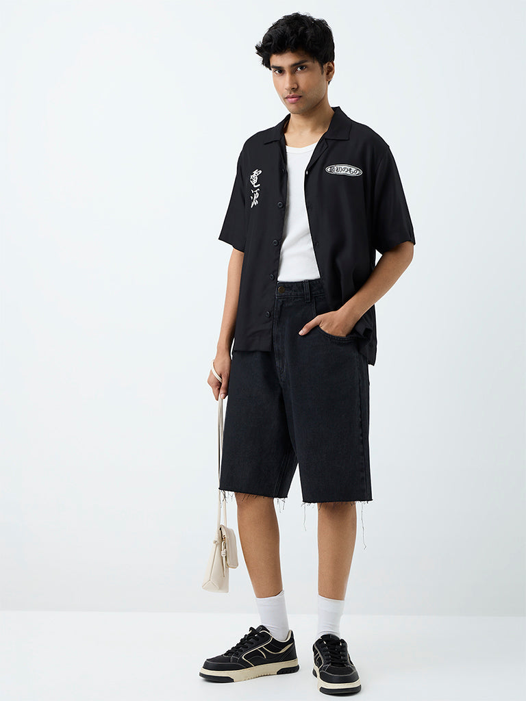 Nuon Black Japanese Embroidered Relaxed-Fit Shirt