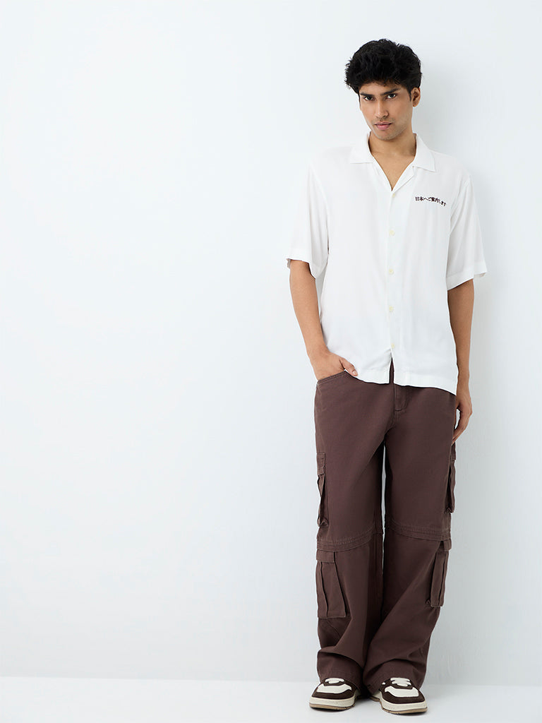 Nuon White Text Embroidered Relaxed-Fit Shirt