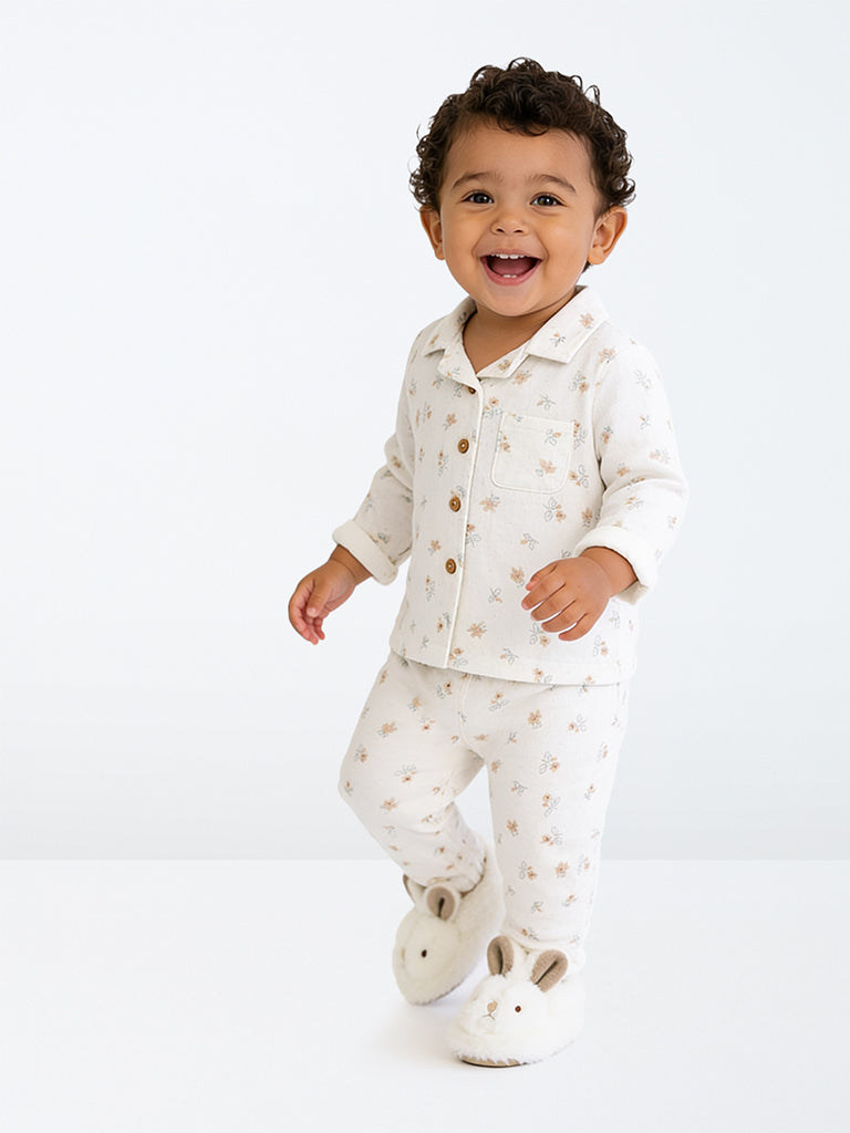 HOP Baby Boys White Floral Printed Cotton Shirt and Pants Set