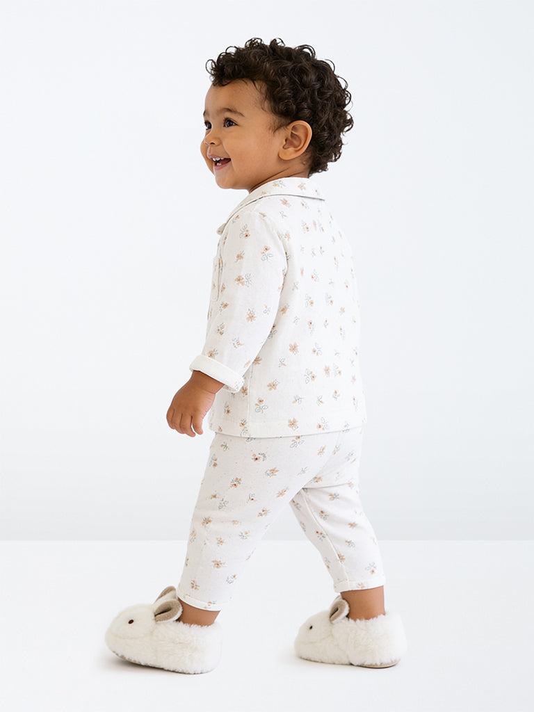 HOP Baby Boys White Floral Printed Cotton Shirt and Pants Set