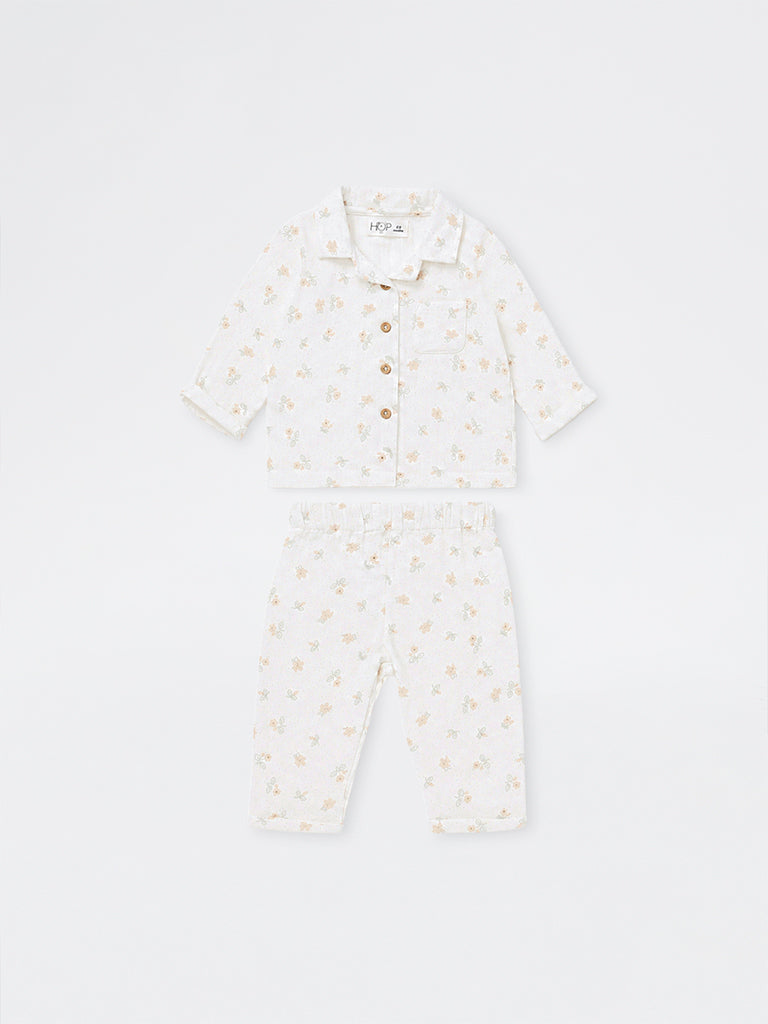 HOP Baby Boys White Floral Printed Cotton Shirt and Pants Set