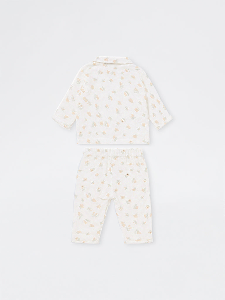 HOP Baby Boys White Floral Printed Cotton Shirt and Pants Set