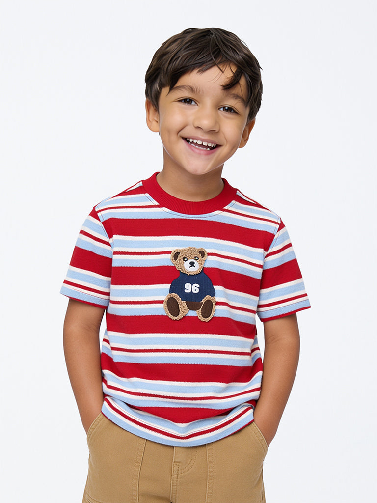 HOP Kids Boys Off-White Striped Cotton T-Shirt