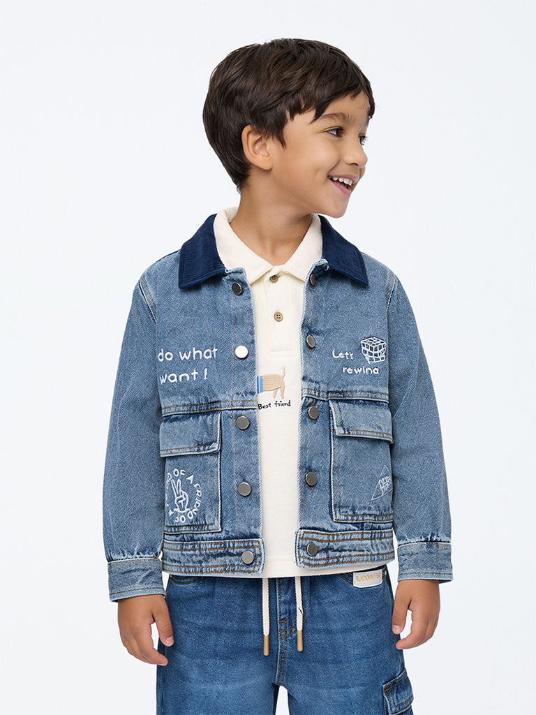 HOP Kids Boys Blue Typographic Denim Jacket