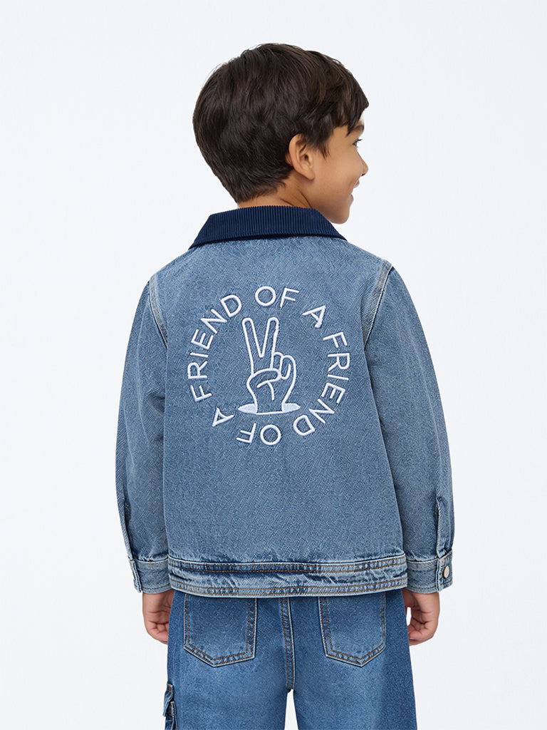 HOP Kids Boys Blue Typographic Denim Jacket