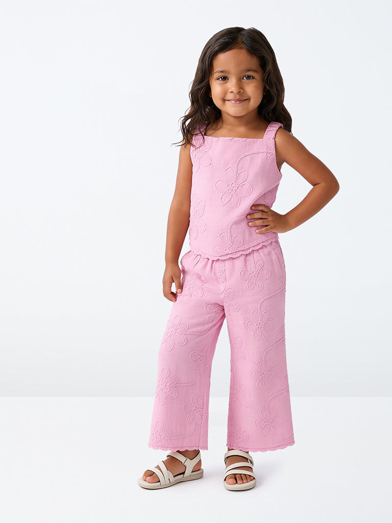 HOP Kids Girls Pink Floral Embroidered High-Rise Cotton Pants