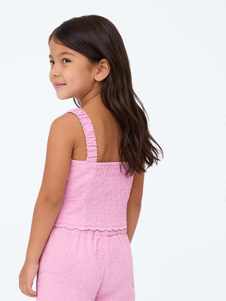 HOP Kids Girls Pink Floral Embroidered Cotton Top