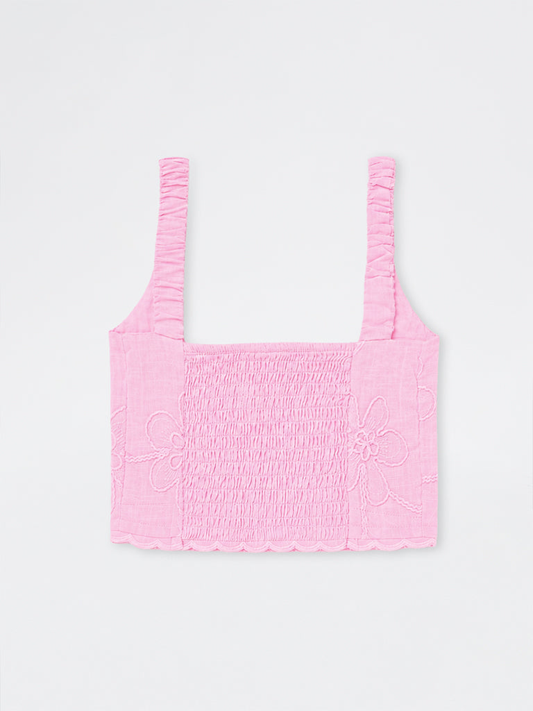 HOP Kids Girls Pink Floral Embroidered Cotton Top