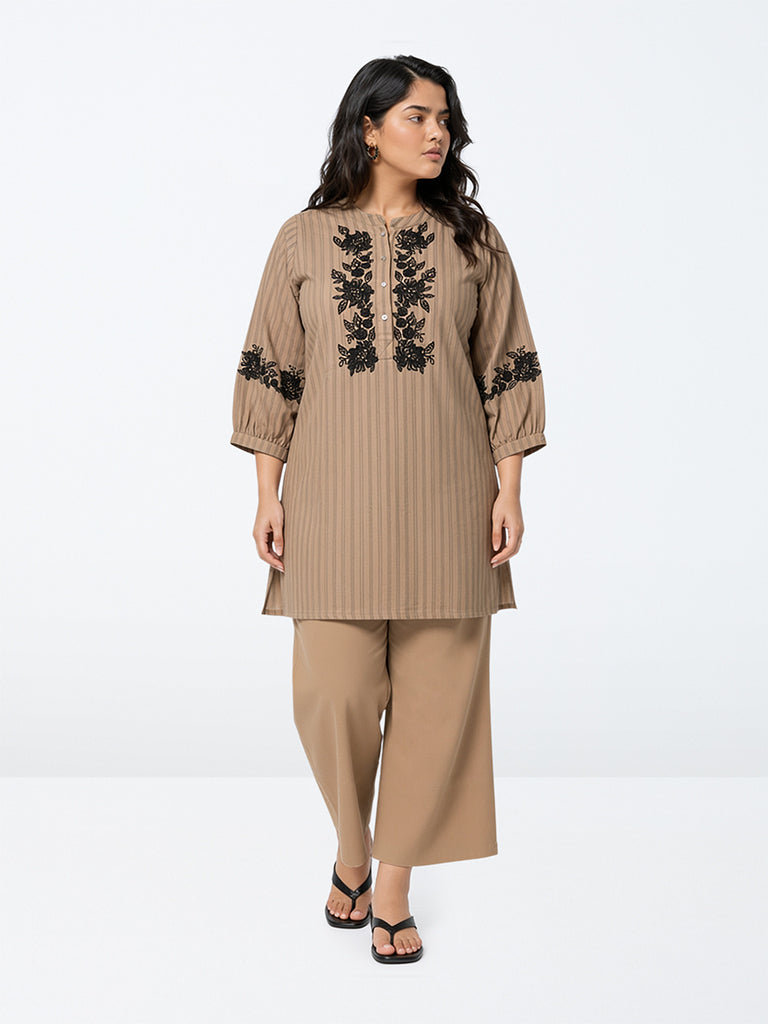 Diza Brown Floral Embroidered Straight Kurti