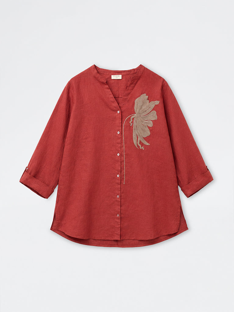 Diza Rust Floral Embroidered Linen Tunic