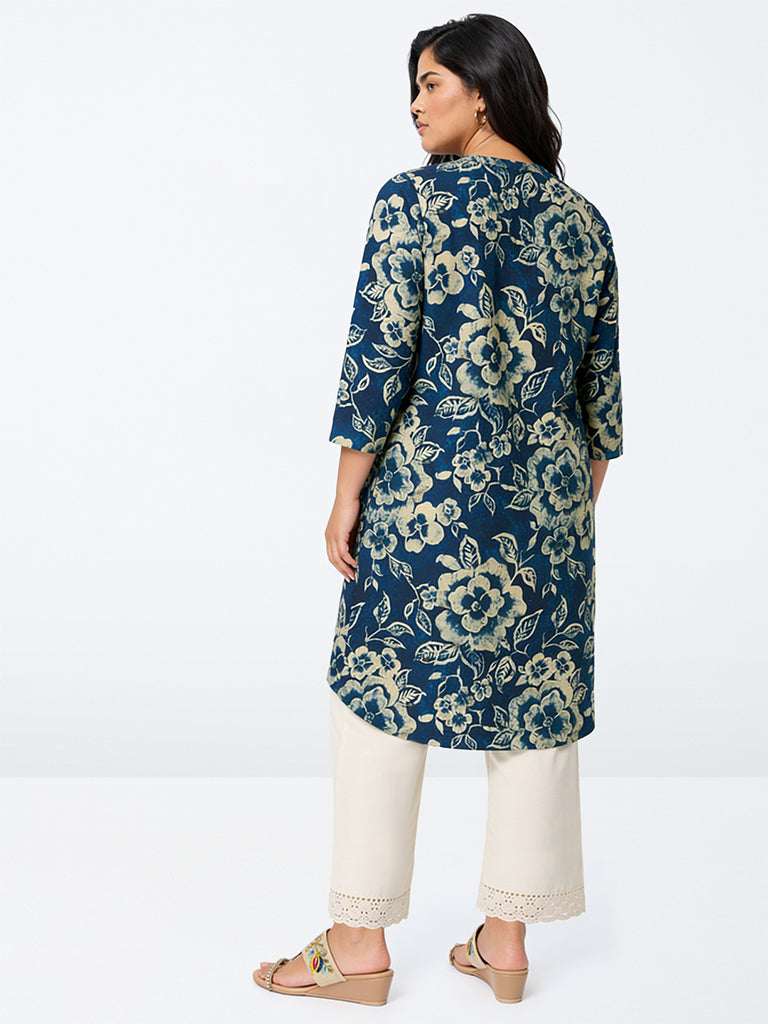 Diza Dark Blue Floral Printed Straight Kurta