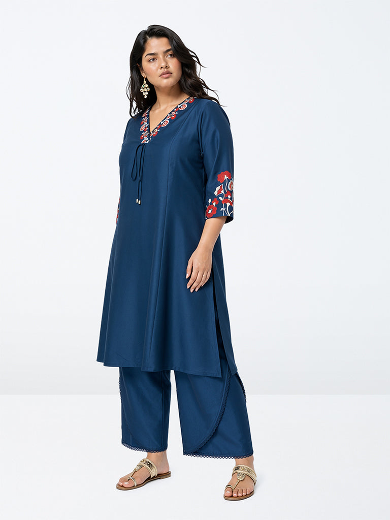 Diza Indigo Floral Embroidered A-Line Kurta