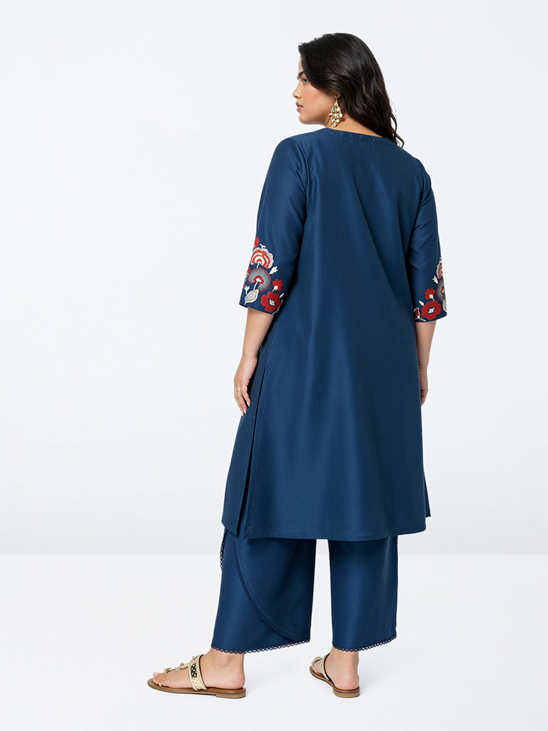 Diza Indigo Floral Embroidered A-Line Kurta