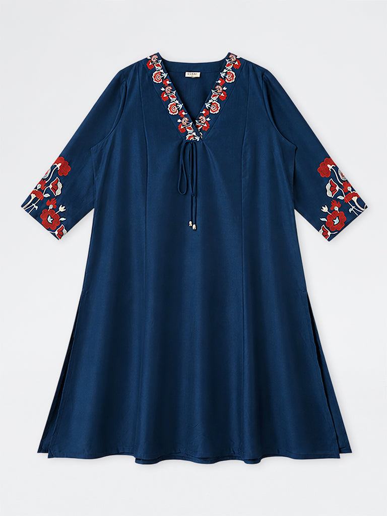 Diza Indigo Floral Embroidered A-Line Kurta