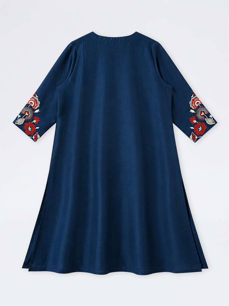 Diza Indigo Floral Embroidered A-Line Kurta
