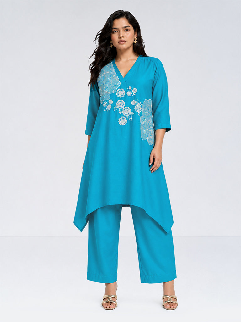 Diza Turquoise Butta Embroidered A-Line Kurta