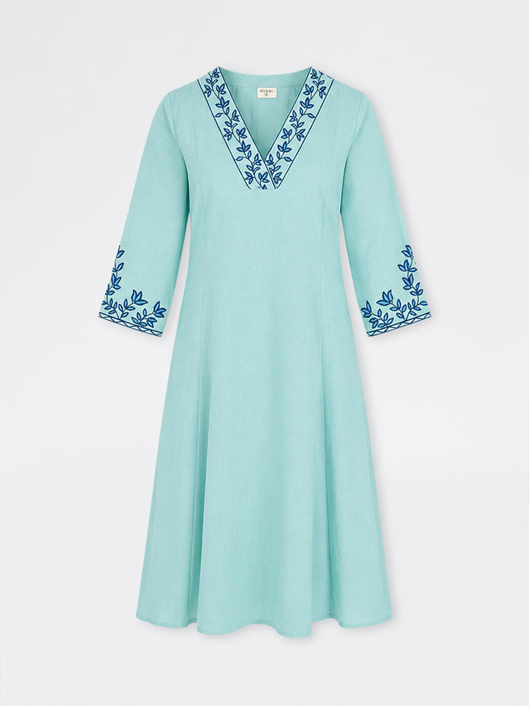 Diza Aqua Floral Embroidered A-Line Kurta