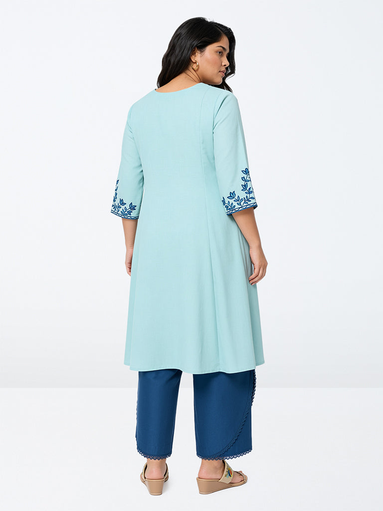 Diza Aqua Floral Embroidered A-Line Kurta
