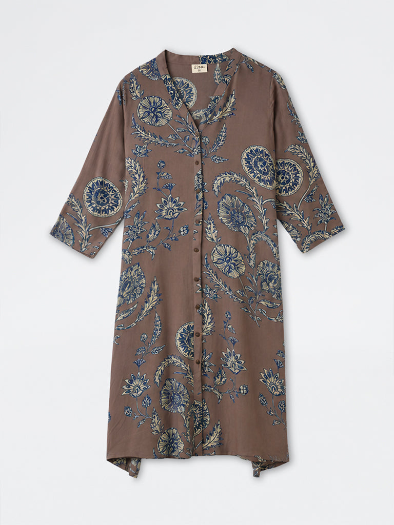 Diza Brown Kalamkari Floral Pattern A-Line Kurta