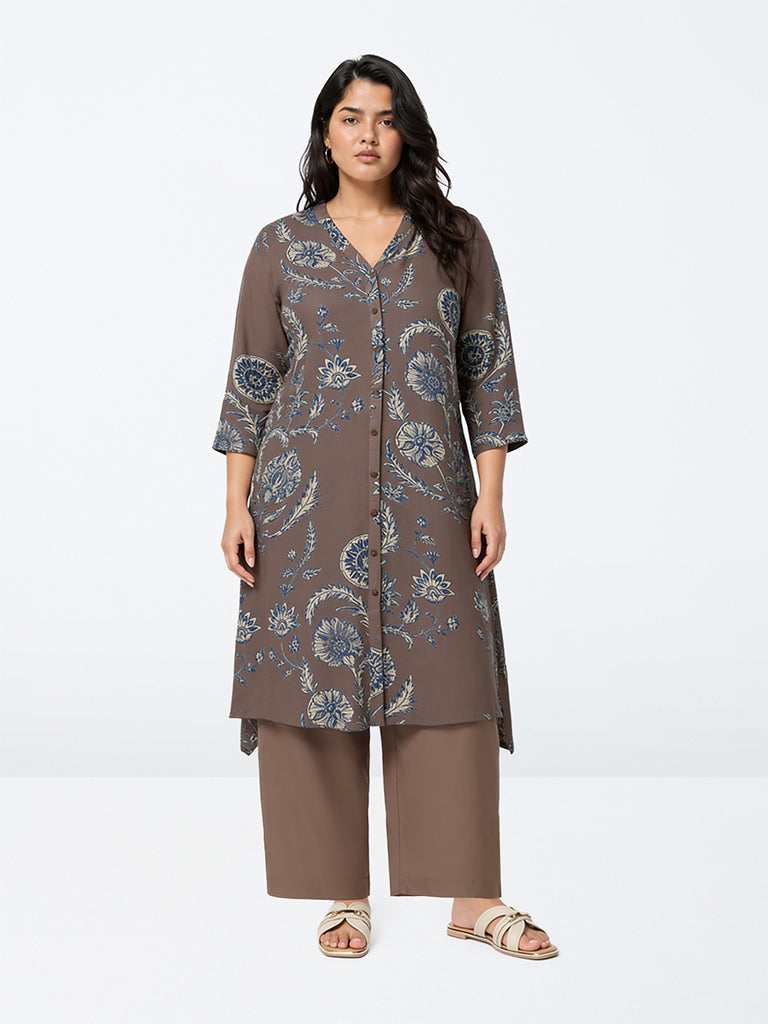 Diza Brown Kalamkari Floral Pattern A-Line Kurta