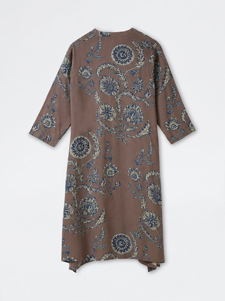 Diza Brown Kalamkari Floral Pattern A-Line Kurta