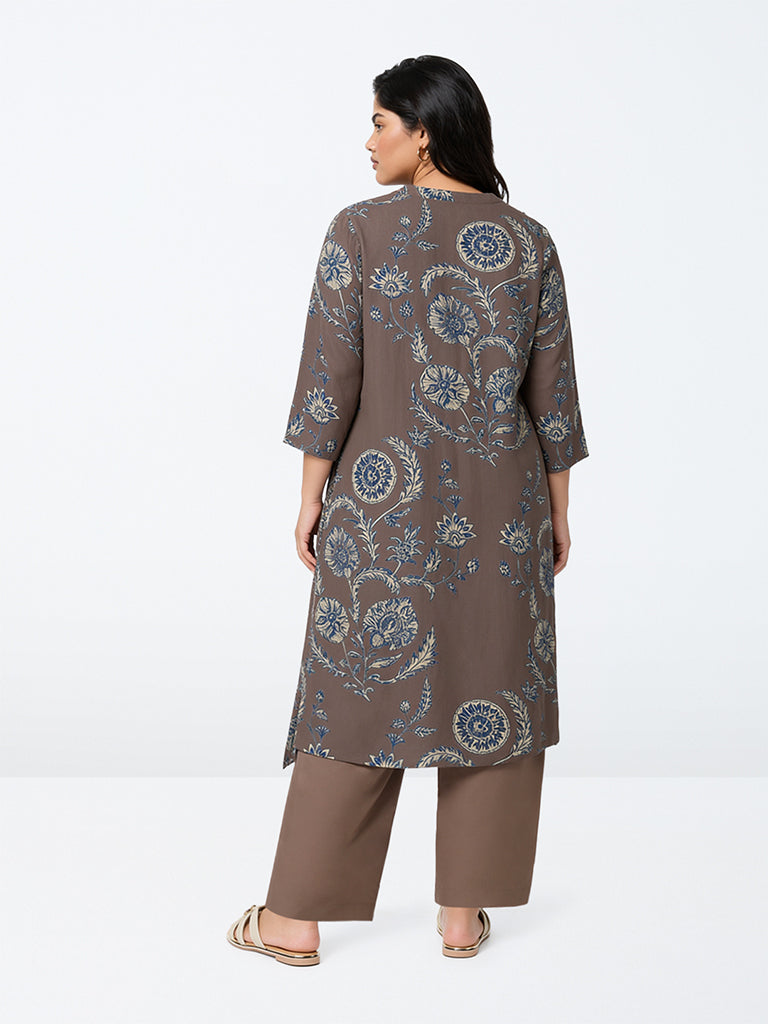 Diza Brown Kalamkari Floral Pattern A-Line Kurta