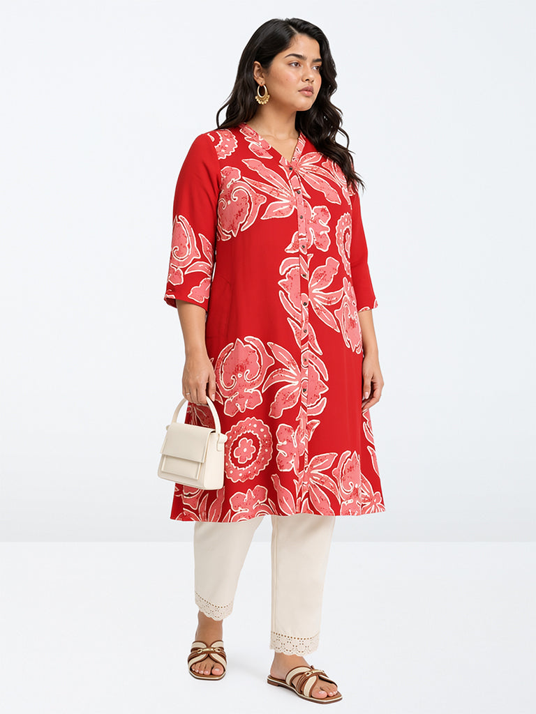 Diza Red Floral Printed A-Line Kurta