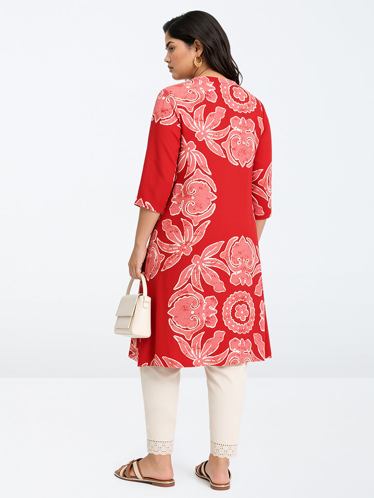 Diza Red Floral Printed A-Line Kurta