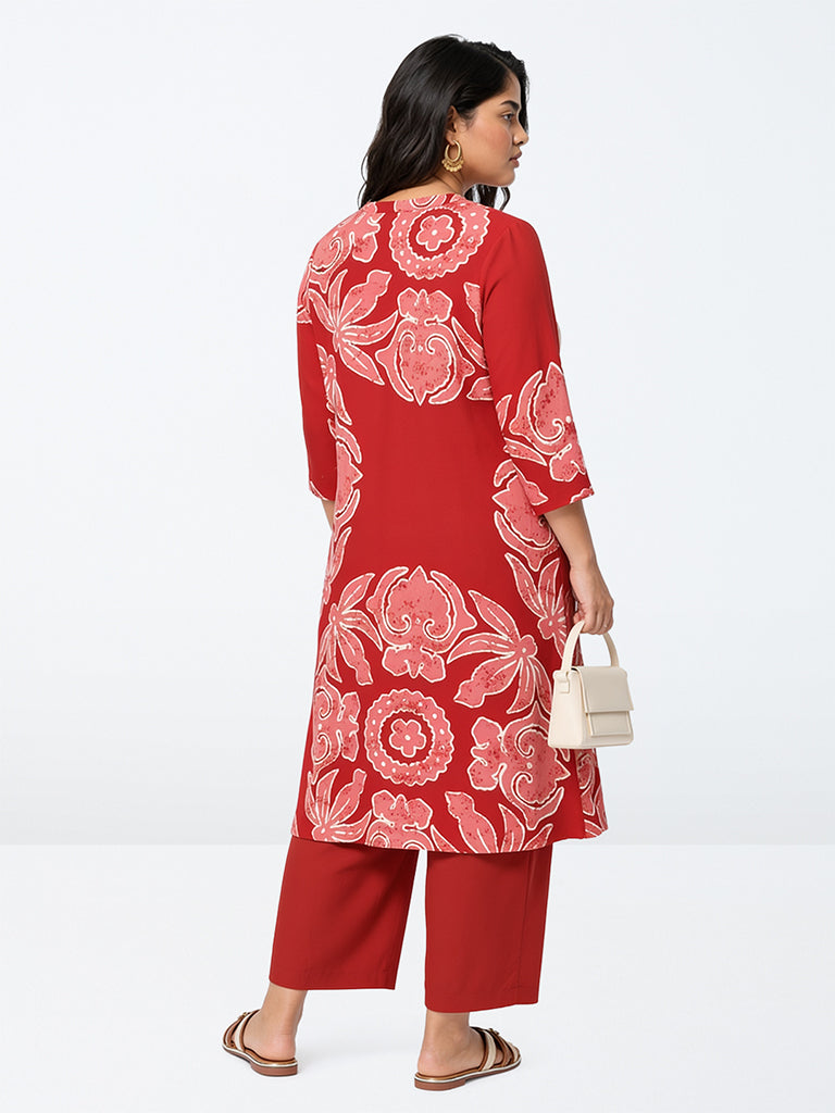 Diza Red Floral Printed A-Line Kurta