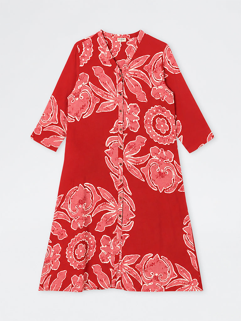 Diza Red Floral Printed A-Line Kurta