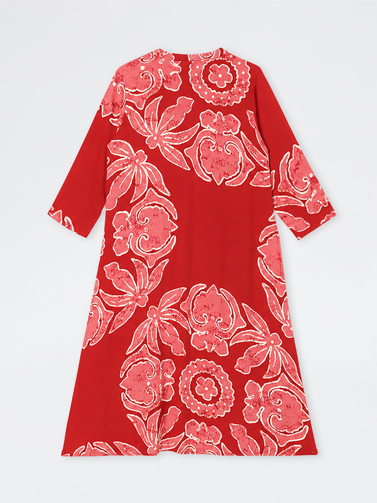Diza Red Floral Printed A-Line Kurta
