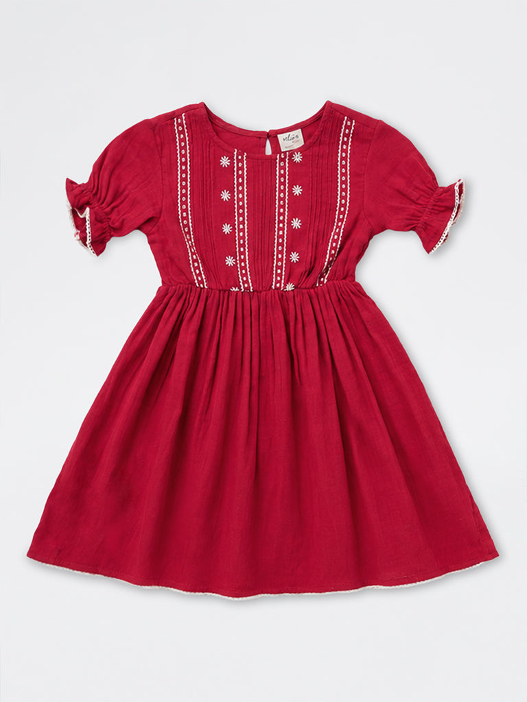 Utsa Kids Girls Red Floral Embroidered A-Line Cotton Dress (8-14 yrs)