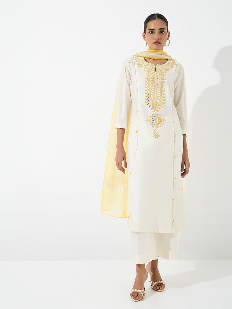 Vark Ivory Mirror Embroidered A-Line Ethnic Set