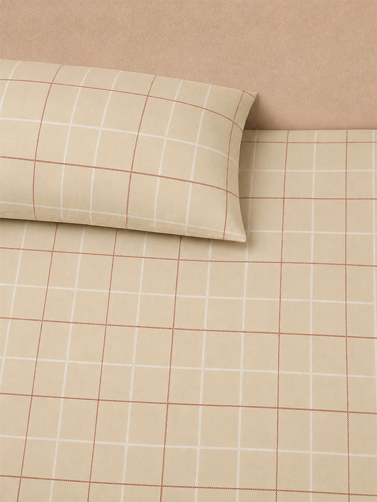 Westside Home Beige Checkered Queen Fitted Bed Sheet Set