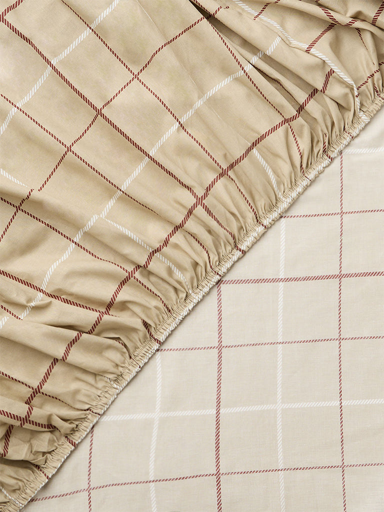Westside Home Beige Checkered King Fitted Bed Sheet Set