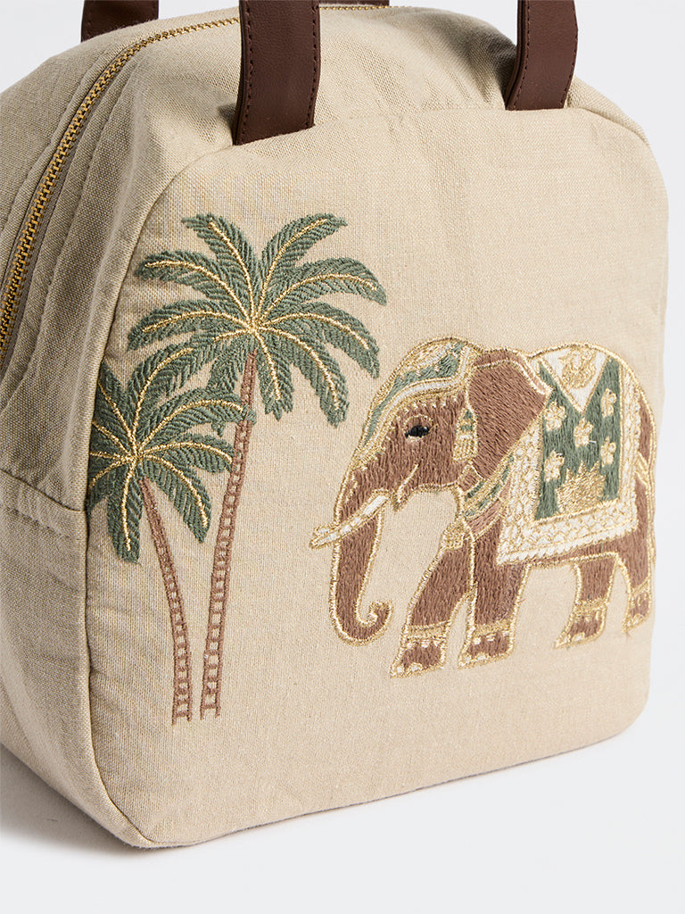 Westside Home Beige Heritage Elephant Embroidered Lunch Bag
