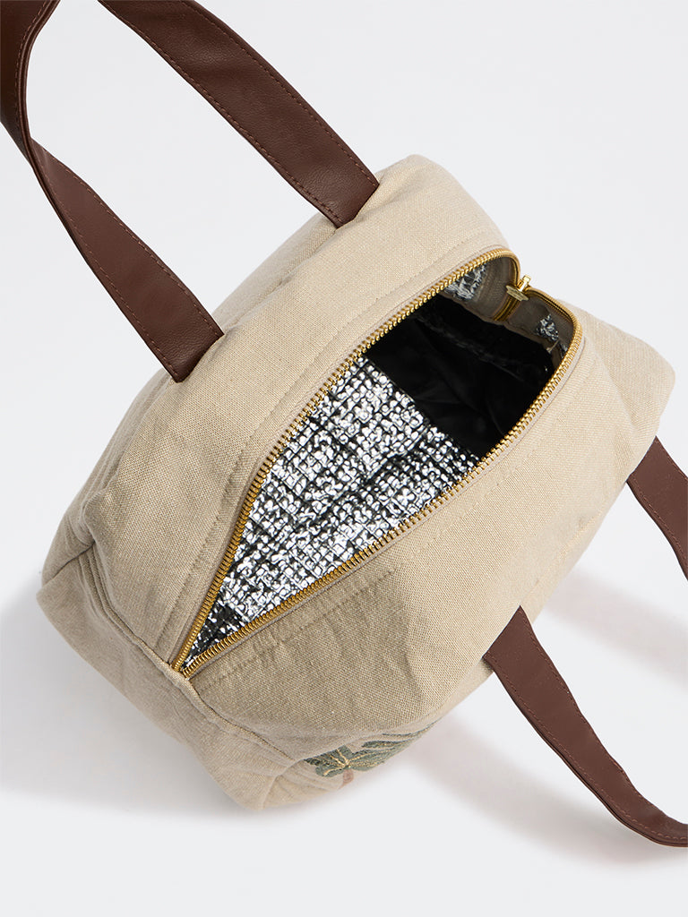 Westside Home Beige Heritage Elephant Embroidered Lunch Bag