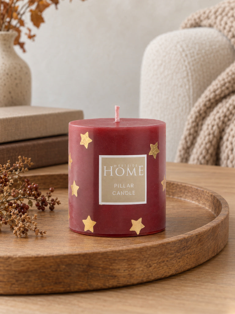 Westside Home Red Star Printed Pillar Candle