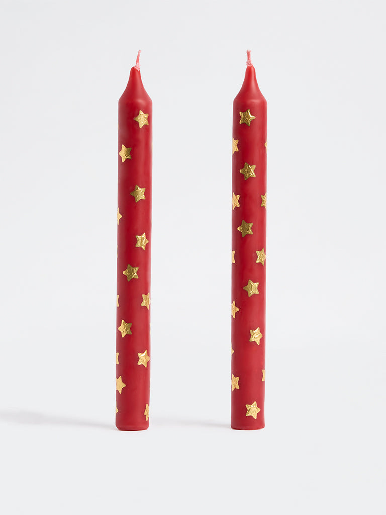 Westside Home Red Star Printed Taper Candles - Pack of 2