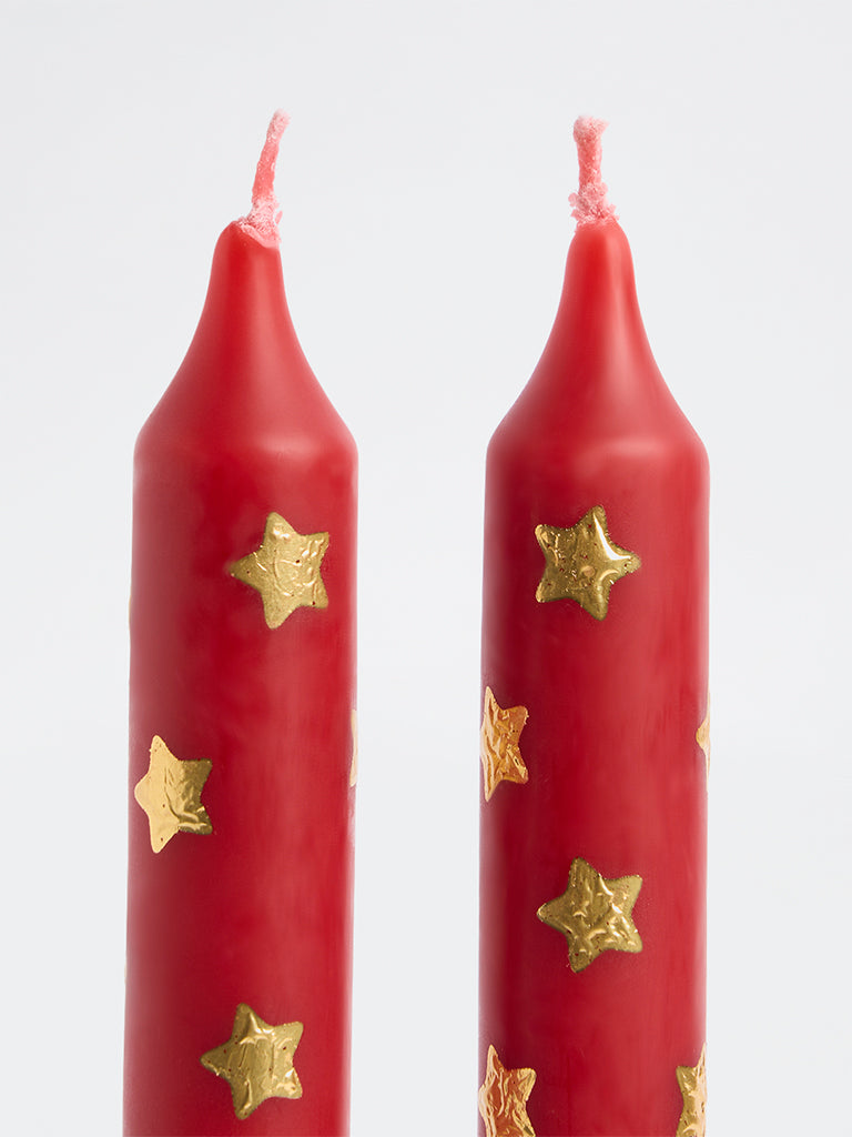 Westside Home Red Star Printed Taper Candles - Pack of 2